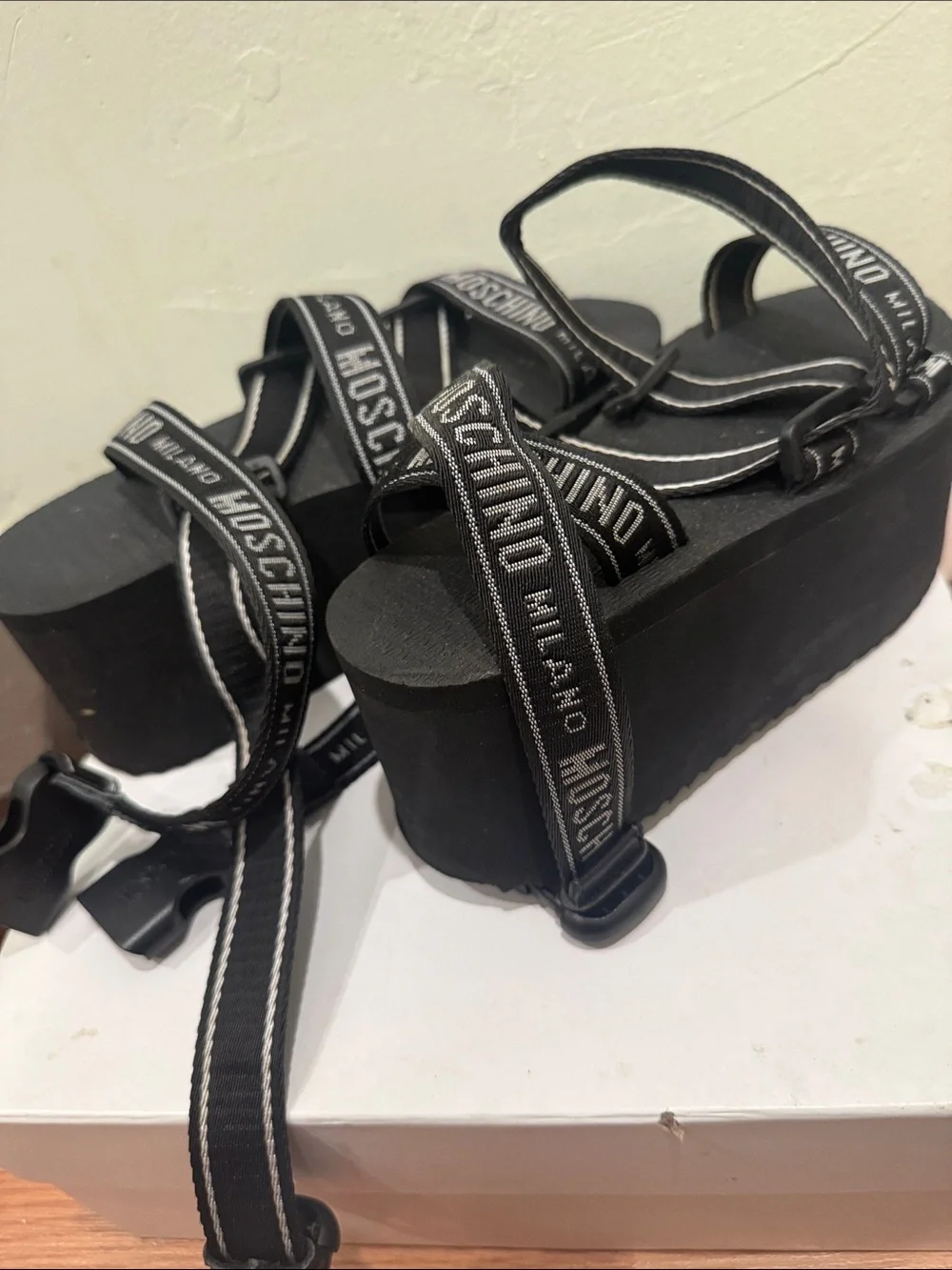 Moschino Black Logo Webbing Platform Sandals